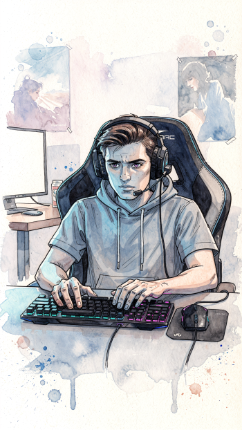iPhone wallpaper: watercolor-style illustration of a focused gamer in a headset at an RGB keyboard and mouse, seated in a gaming chair with posters on the wall.