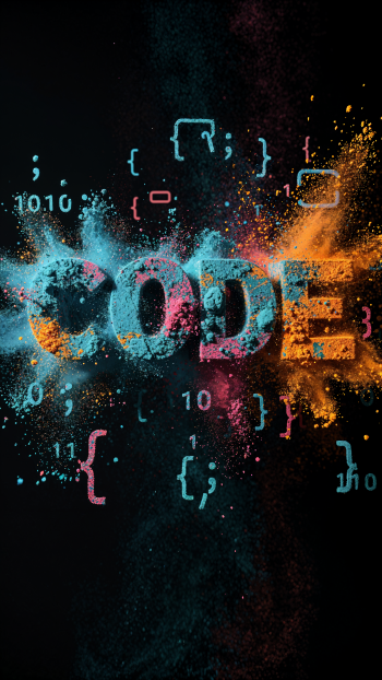 iPhone wallpaper showing CODE in cyan, pink and orange powder bursts on a black background, surrounded by floating code symbols, braces and binary digits.