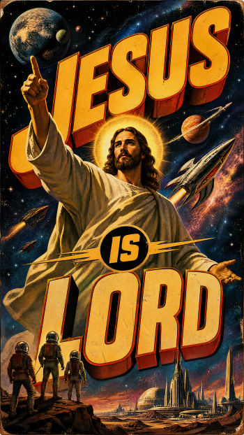 iPhone wallpaper of Jesus with a halo pointing upward in a retro sci‑fi space scene, bold JESUS IS LORD lettering, astronauts and a futuristic city below.
