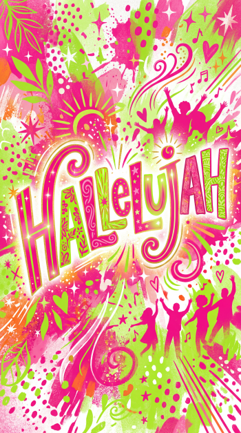 Colorful iPhone wallpaper reading Hallelujah in ornate script amid neon pink and lime-green splashes, stars, musical notes and joyful silhouetted figures.