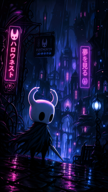 Hollow Knight iPhone wallpaper: the knight stands on a rain-slick street, overlooking a neon purple-blue gothic cityscape with glowing Japanese signs.