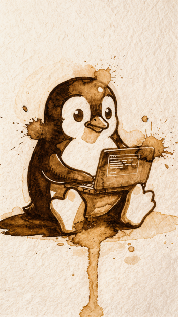 Phone wallpaper of the Linux penguin (Tux) painted in brown watercolor, sitting and using a laptop on a textured paper background.