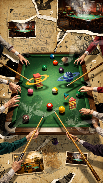 iPhone wallpaper: collage-style pool (game) scene — overhead billiards table with players' hands and cues, planet-like balls, and torn photo and map scraps.
