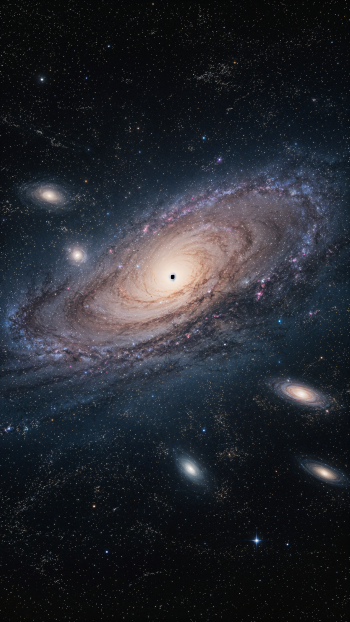 iPhone wallpaper of a spiral galaxy with a luminous core, swirling arms and scattered distant galaxies and stars against a dark universe backdrop.