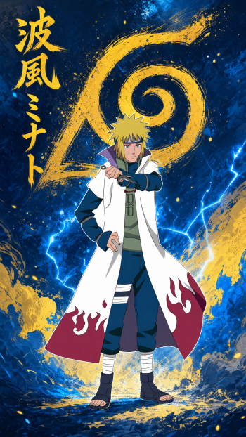 Phone wallpaper of Minato Namikaze in his white Hokage cloak, hand on kunai, standing before a large golden Konoha spiral amid blue-and-gold lightning.