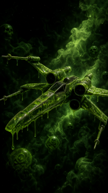 iPhone wallpaper of a dripping, slime-covered X-Wing flying through a green, skull-filled nebula — eerie, toxic space scene.