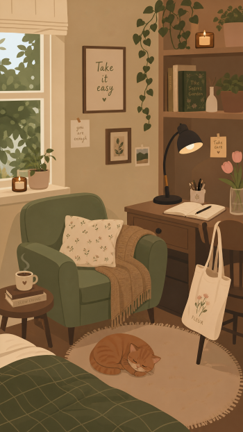 Cozy aesthetic iPhone wallpaper: a warm bedroom nook with a green armchair, throw blanket, desk lamp, hanging plants and a sleeping ginger cat on a round rug.