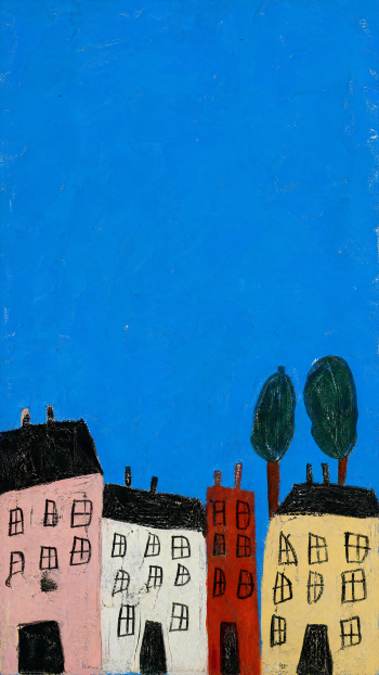 iPhone wallpaper showing a whimsical row of pastel houses and two trees beneath a vast clear blue sky.