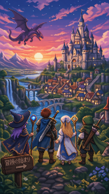 Fantasy anime phone/iPhone wallpaper: four adventurers, wizard, warrior, cleric, and archer, gaze at a sunset-lit valley with waterfalls, a village, castle, and a dragon overhead.