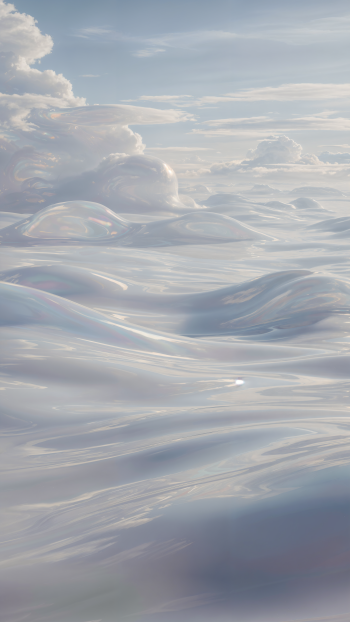 Vertical iPhone wallpaper showing a serene cloudscape of smooth, glossy cloud waves and soft sunlight beneath a pale blue sky.