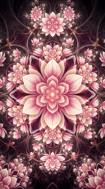 iPhone wallpaper of a symmetrical, layered magnolia bloom in soft pinks and deep maroon, ornate fractal-like floral pattern.