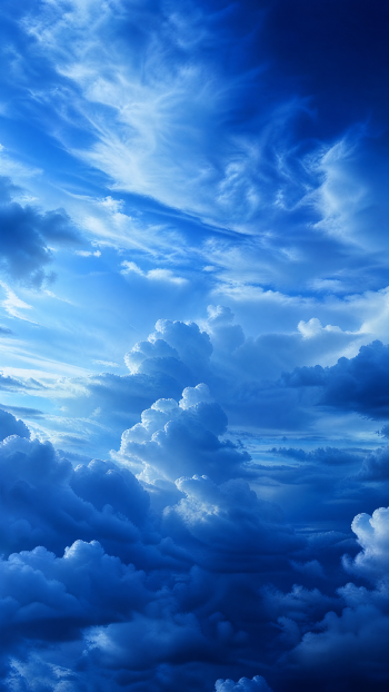 iPhone wallpaper: vertical blue cloudscape with towering cumulus, feathery high clouds and soft light rays filtering through a deep, layered sky.