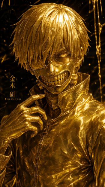 Gold-toned Ken Kaneki portrait wearing a ghoul mask and eyepatch, sinister grin and textured jacket — dramatic vertical iPhone wallpaper.