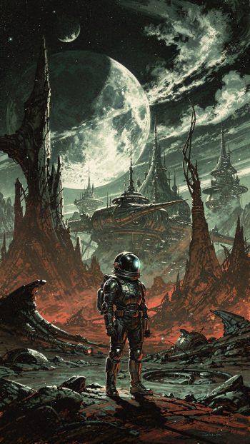 Dark aesthetic iPhone wallpaper — lone astronaut on a jagged alien wasteland, twisted spires and a looming moon filling the sky.