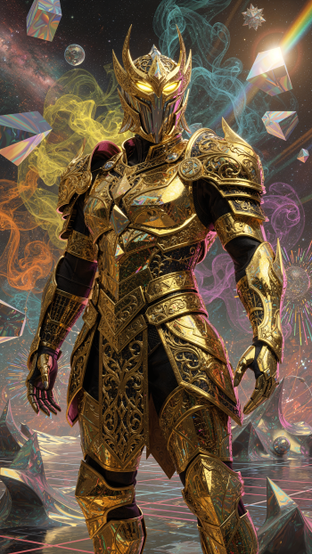 iPhone wallpaper of a helmeted warrior in ornate gold armor with glowing eyes, standing amid floating crystals and swirling colorful cosmic smoke.