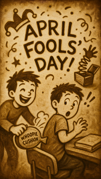 Sepia cartoon iPhone wallpaper reading APRIL FOOLS DAY! shows one boy sneaking a whoopie cushion onto a chair while another recoils; jack‑in‑the‑box and confetti add to the prank.