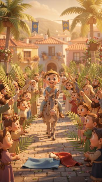 Palm Sunday iPhone wallpaper — a joyful boy on a donkey parades down a palm‑lined village street as crowds wave palm fronds and lay cloaks.