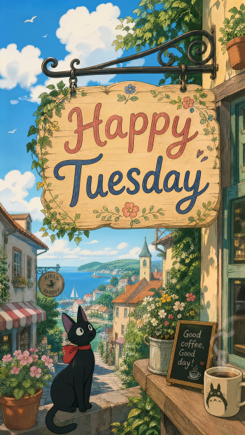iPhone wallpaper: a charming seaside village with a hanging wooden sign reading Happy Tuesday, a black cat with a red scarf on a flowered ledge, coffee cup and ocean view.