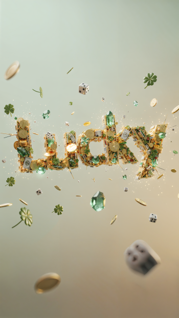 iPhone wallpaper: the word Lucky built from gold and emerald fragments, floating with coins, dice and four‑leaf clovers against a soft gradient background.