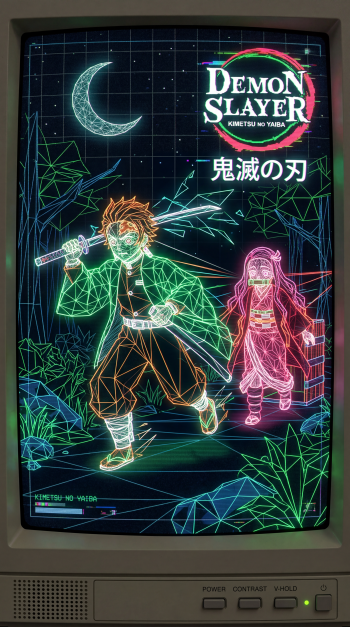 Neon wireframe of Tanjiro and Nezuko walking under a crescent moon, Demon Slayer: Kimetsu no Yaiba logo above — iPhone wallpaper.