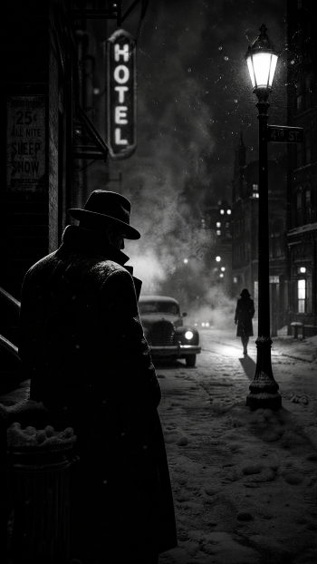 Noir phone wallpaper: snowy night street, silhouetted man in a fedora by a lamppost, vintage car, glowing HOTEL sign, lone figure walking away.