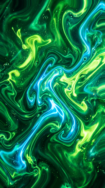 Emerald green and neon blue swirling abstract marble iPhone wallpaper with fluid waves and tiny sparkling bubbles.