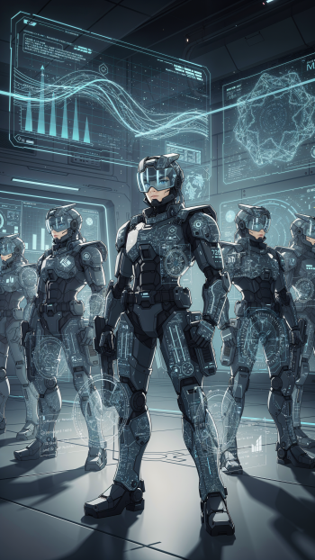 iPhone wallpaper — military anime scene: a squad of armored futuristic soldiers in a holographic command center, lead trooper front and center with tactical HUD overlays.