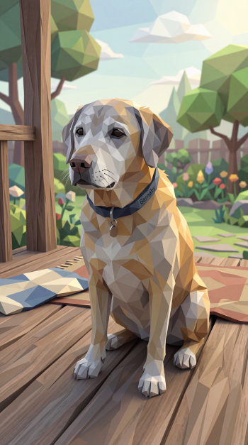 Low-poly portrait of an old yellow lab sitting on a sunlit porch with blooming garden beyond — vertical iPhone wallpaper.