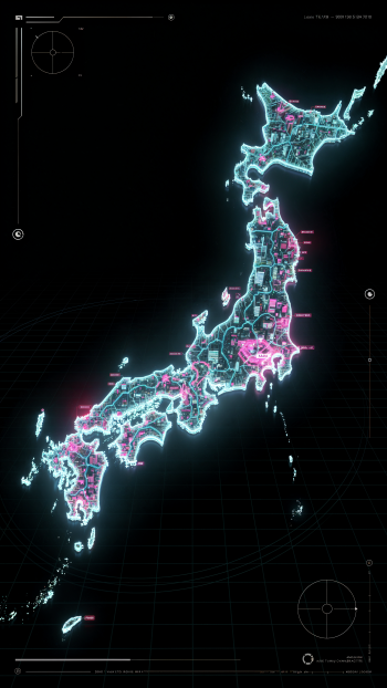 Neon cyberpunk map of Japan in cyan and magenta on a black tech‑grid background, glowing city clusters and HUD elements, vertical phone wallpaper.