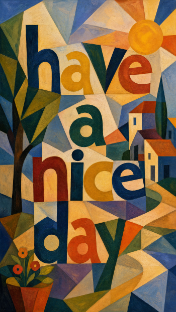 Colorful geometric iPhone wallpaper reading have a nice day over a cubist landscape with sun, houses, a tree and potted flowers.