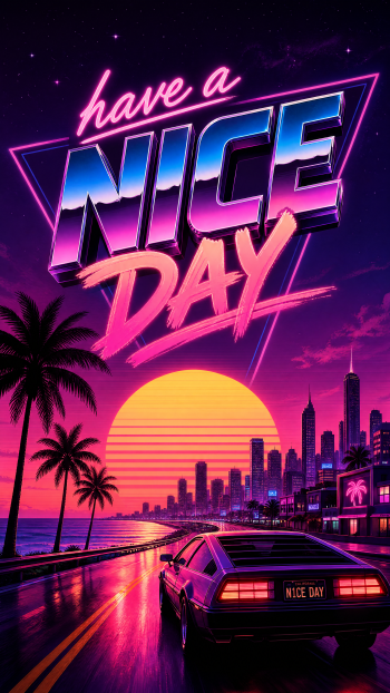 iPhone wallpaper: neon synthwave cityscape at sunset with palm trees and a retro car on a wet road, bold text have a NICE DAY glowing above the skyline.