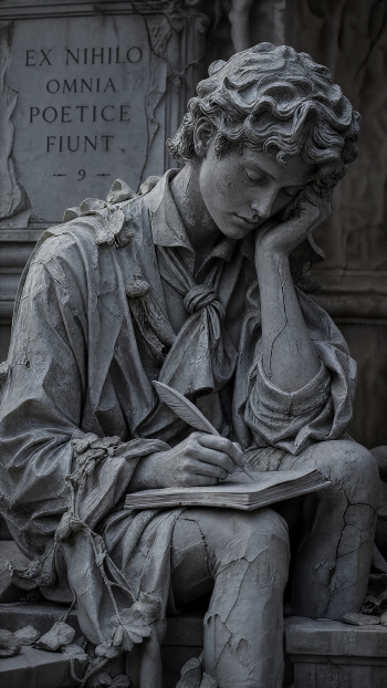 Poetcore iPhone wallpaper: monochrome stone statue of a pensive young poet writing with a quill, seated beneath a plaque reading EX NIHILO OMNIA POETICE FIUNT.