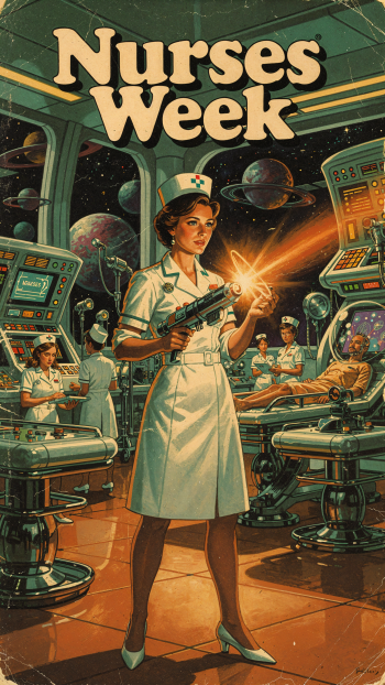 iPhone wallpaper reading Nurses Week: a retro‑futuristic nurse in a space hospital holds a glowing device while nurses tend patients amid sci‑fi equipment.