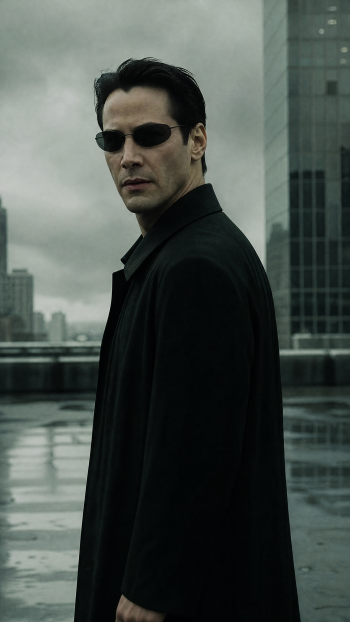 Neo (The Matrix) in sunglasses and a long black coat standing on a rain-slick rooftop, vertical phone/iPhone wallpaper composition.