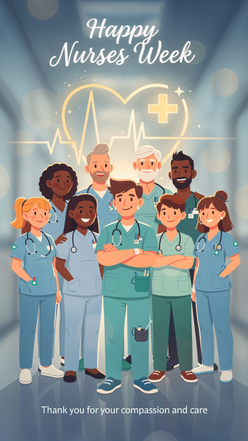iPhone wallpaper showing a diverse group of nurses in scrubs beneath a glowing heart/EKG graphic with Happy Nurses Week and Thank you for your compassion and care.