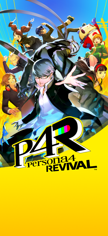 Video game Persona 4 — Persona 4 Revival iPhone wallpaper: protagonist with glasses reaches forward as teammates and Teddie swirl above a bold yellow background with the P4R logo.