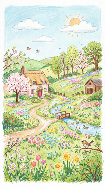 Pastel spring iPhone wallpaper: whimsical countryside with thatched cottage, winding path, blooming meadow, stream and bridge, birds and ducks beneath a sunny sky.