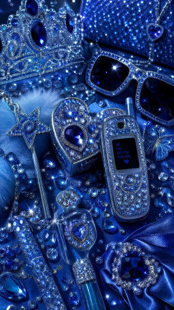 Bedazzled iPhone wallpaper showing rhinestone-studded flip phone, crown, sunglasses and heart-shaped jewels on shimmering blue satin.