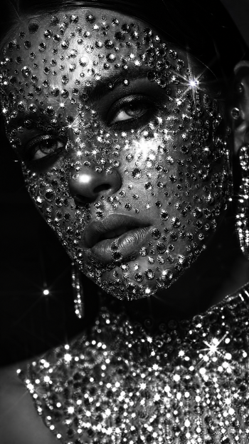 Black-and-white close-up of a bedazzled face encrusted with rhinestones and sparkling jewels; high-contrast glam portrait for an iPhone wallpaper.