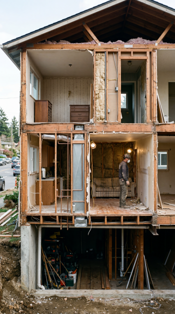 Cutaway view of a three-story house under renovation showing exposed rooms and framing with a worker inside; vertical iPhone wallpaper.