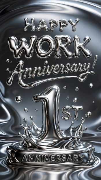 Metallic iPhone wallpaper: embossed chrome text Happy Work Anniversary! 1st Anniversary with a large reflective 1 rising from a liquid-silver splash and mirrored background.