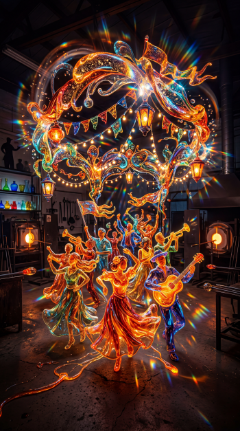 Phone/iPhone wallpaper of a glowing fiesta: dancers and musicians in swirling ribbons, lanterns and bunting forming a radiant, kaleidoscopic display.