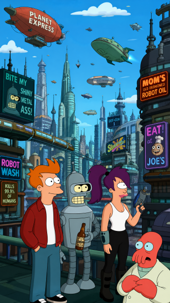 Futurama iPhone wallpaper: Fry, Bender, Leela and Zoidberg in New New York with the Planet Express blimp, flying ships and glowing neon signs.