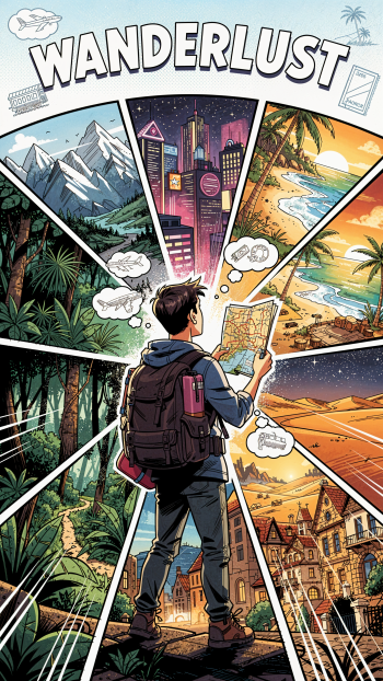 iPhone wallpaper WANDERLUST — a backpacker with a map stands as radiating panels reveal mountains, jungle, neon city, tropical beach, desert and a quaint village, calling to adventure.
