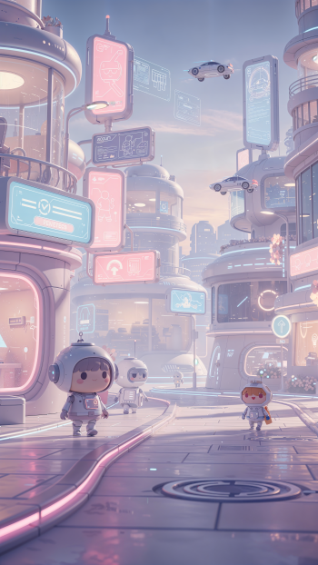 Phone/iPhone wallpaper: cute pastel futuristic cityscape with tiny astronaut-like characters and robot, flying cars, rounded glass buildings and soft neon signs.