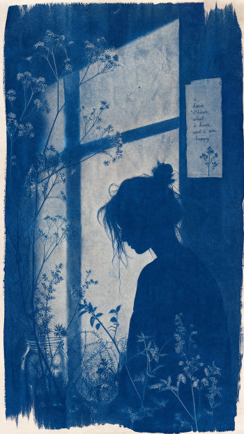 Indie aesthetic iPhone wallpaper: cyan-blue silhouette of a woman by a sunlit window, delicate wildflowers framing the scene and a handwritten note on the wall.