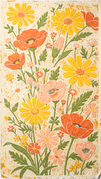 Summer floral iPhone wallpaper: stylized yellow daisies and orange-pink poppies with green foliage on a textured cream background.