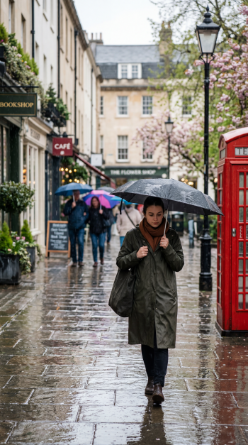 iPhone wallpaper: woman walking under an umbrella on a rain‑slick city street with cherry blossoms and a red phone box, spring rain scene.