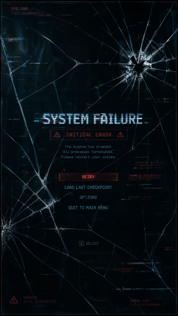 iPhone wallpaper with broken-screen spiderweb cracks over a dark tech UI displaying SYSTEM FAILURE and CRITICAL ERROR with menu options.