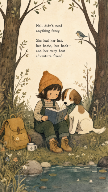Indie aesthetic iPhone wallpaper: cozy illustration of a girl in a mustard beanie reading by a pond with her dog, backpack, mug and trees, with vintage storybook text above them.